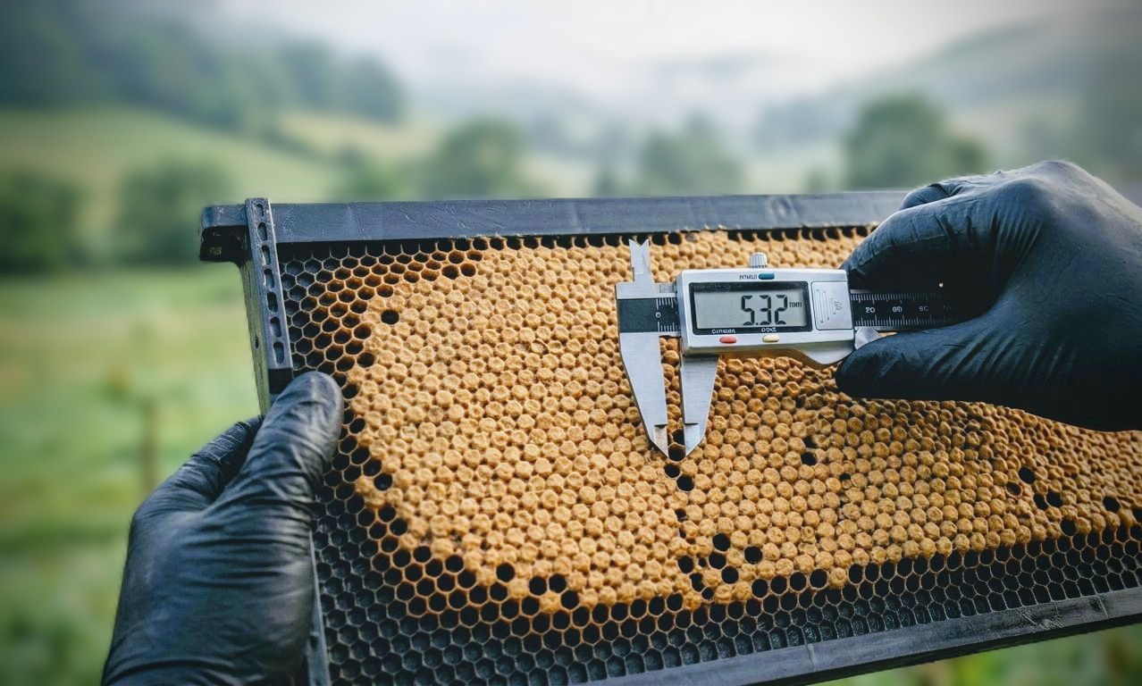 Digital calipers precisely measuring honeycomb brood cell width