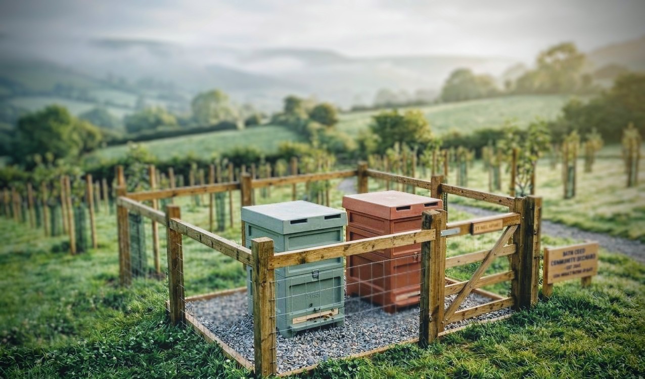 Two secure, enclosed beehives in a rural community orchard setting