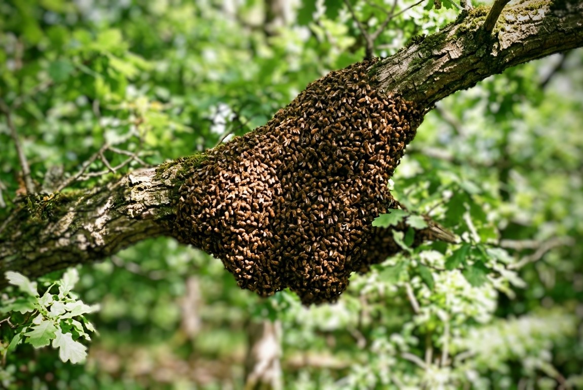 A healthy honeybee swarm clustered on an oak branch